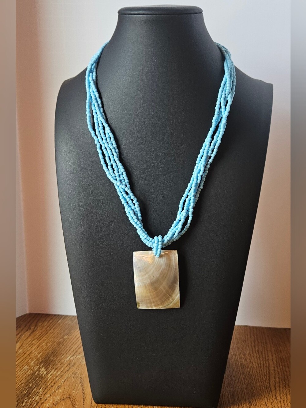 Multi Strand Necklace Mother Of Pearl Pendant Light Blue Seed Bead 11"